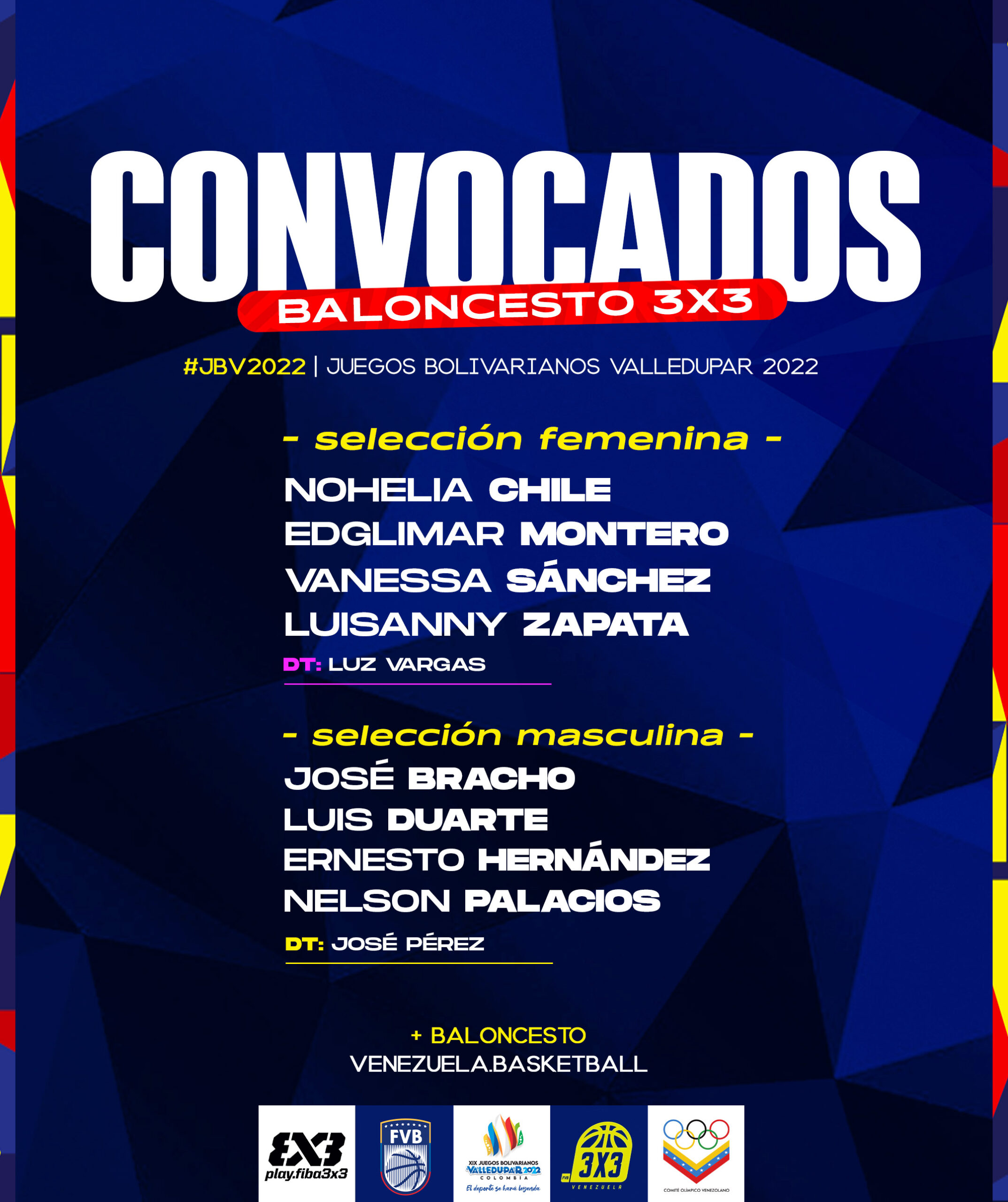 Convocados - Baloncesto 3x3 - Juegos Bolivarianos Valledupar 2022